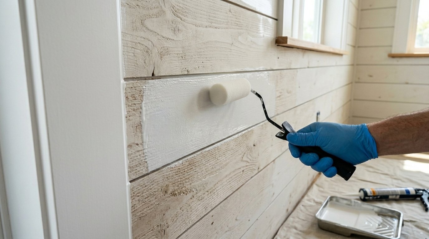 Close up of a hand in a blue glove using a foam roller to paint wood planks white.