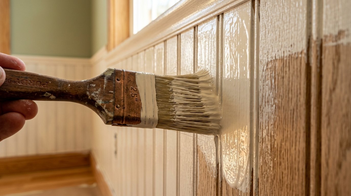 A hand holds a paint brush applying white paint to unfinished oak vertical wood paneling.