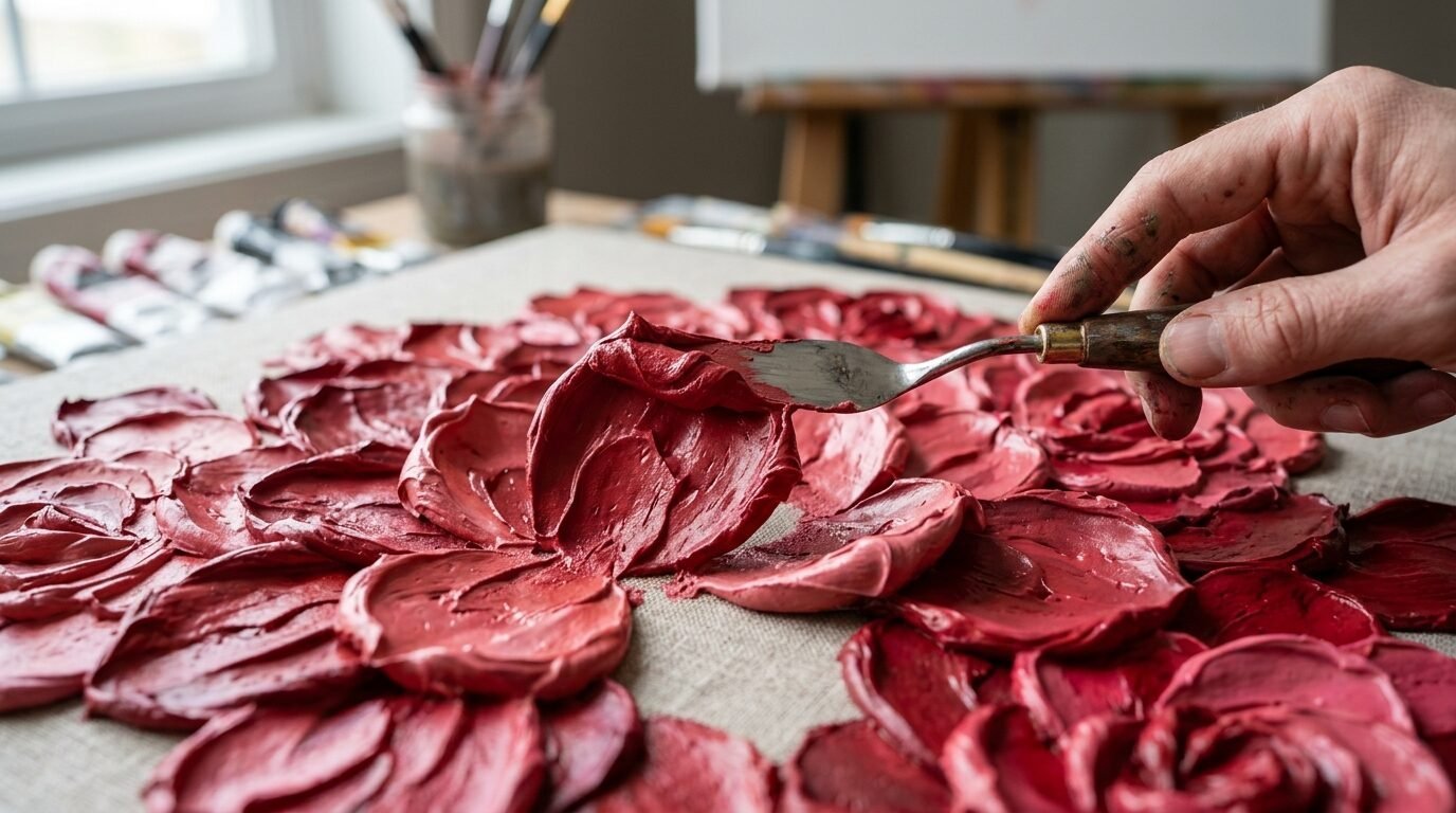 Close-up of an artist's hand using a metal palette knife to shape textured crimson paint into floral patterns on canvas.