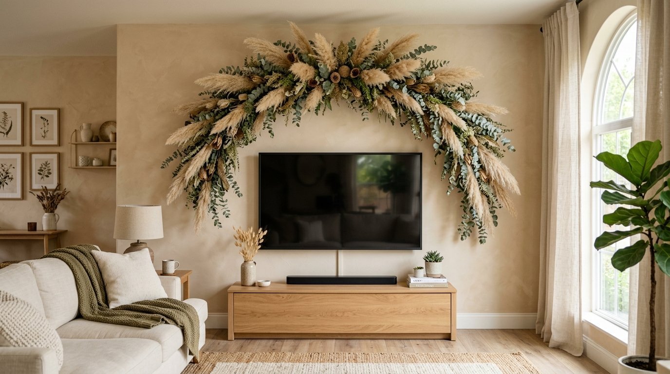 Large pampas grass and eucalyptus arrangement hanging above a wall-mounted TV in a neutral living room.