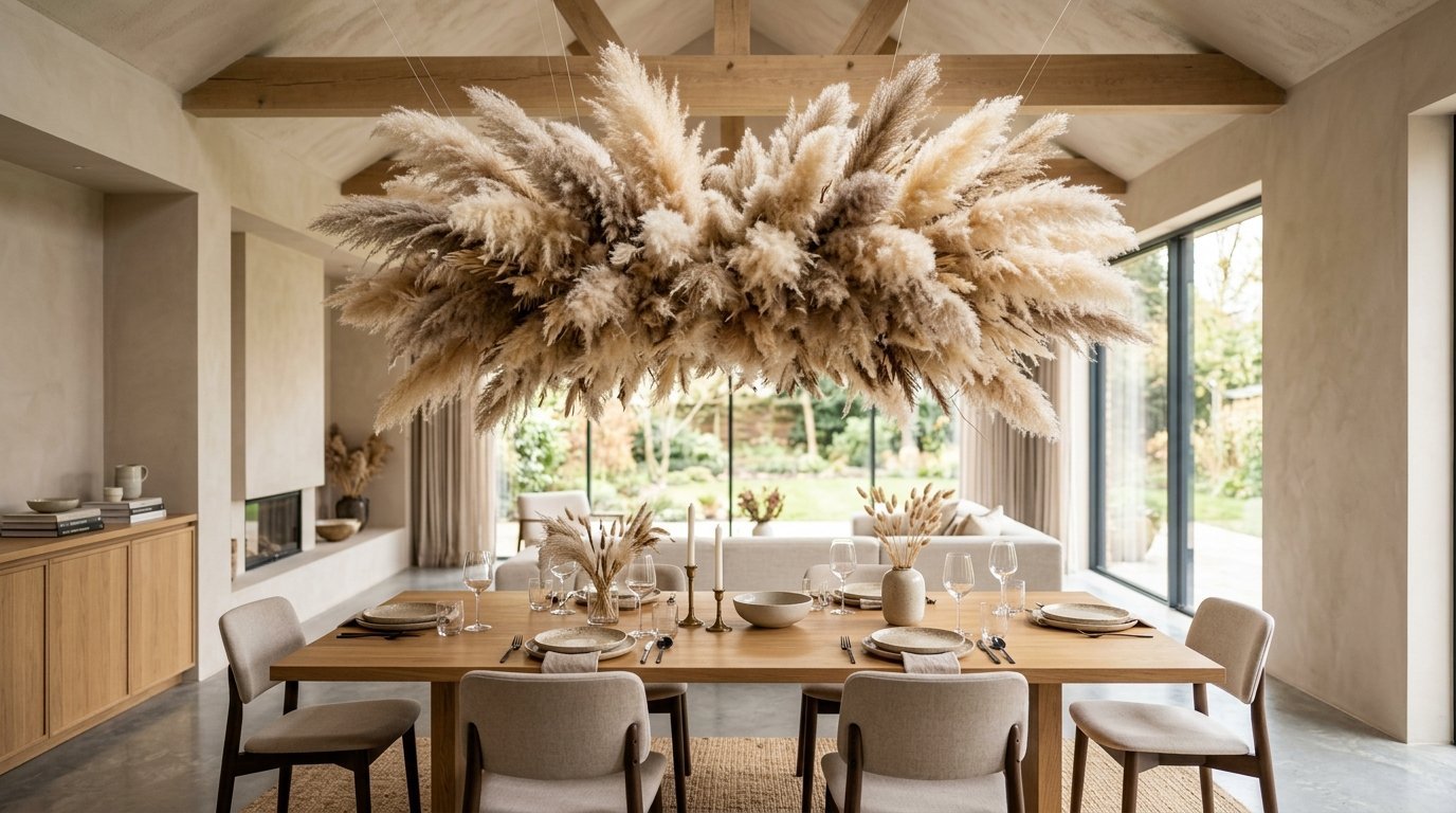Decorative dried pampas grass suspended over a wooden dining table in a modern living space.