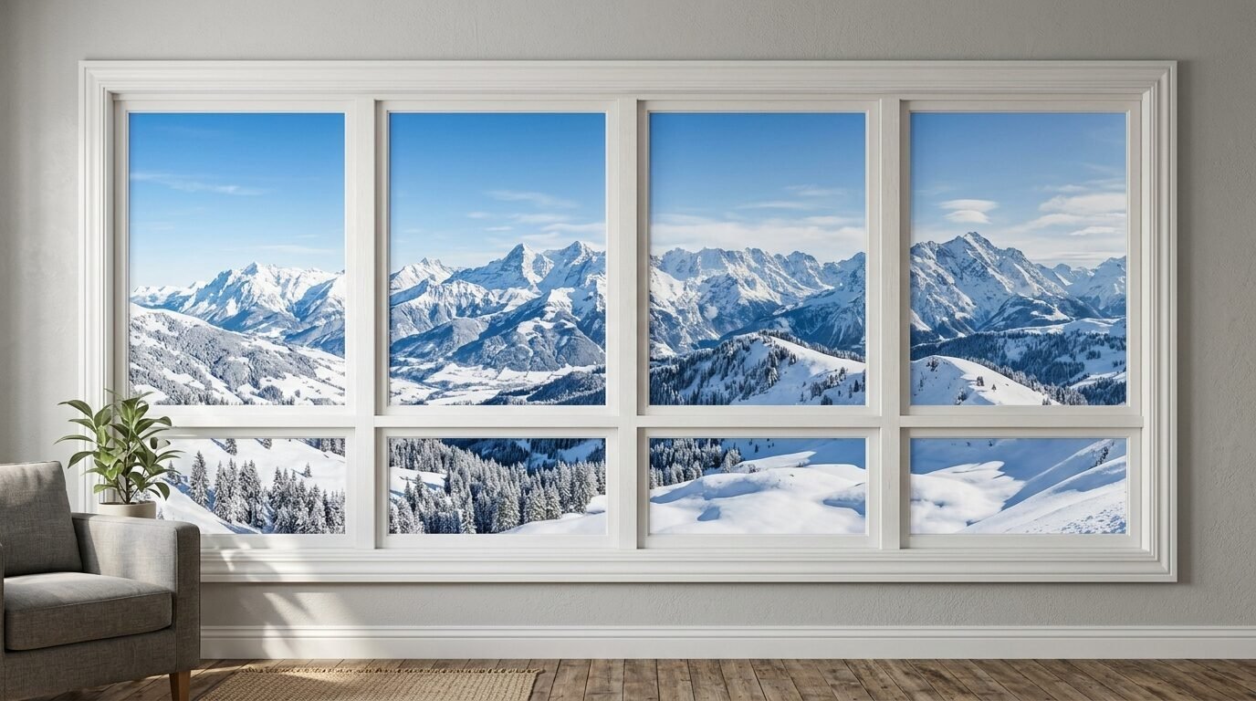 Bright living room window overlooking a scenic landscape of sharp, snowy mountain peaks and pine forests.