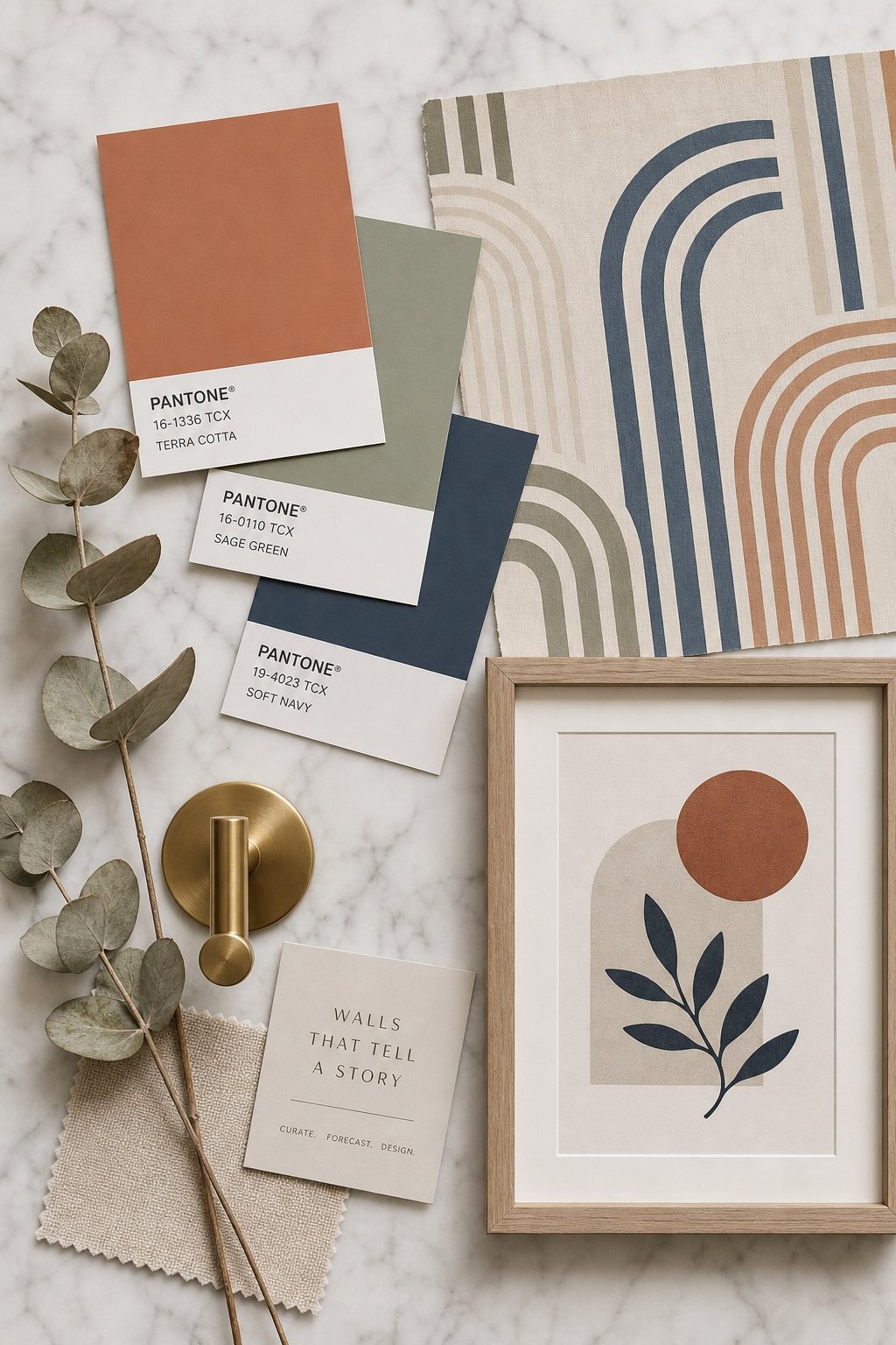 Top-down view of terracotta, sage, and navy color swatches next to a framed modern abstract print on marble.