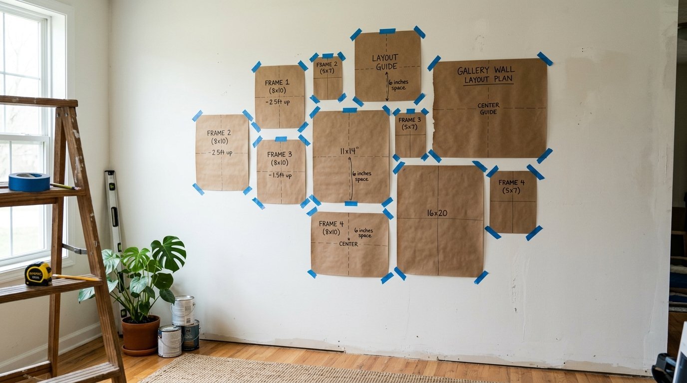 Brown paper cutouts taped to a white wall representing a gallery wall layout with hand-drawn dimension labels.