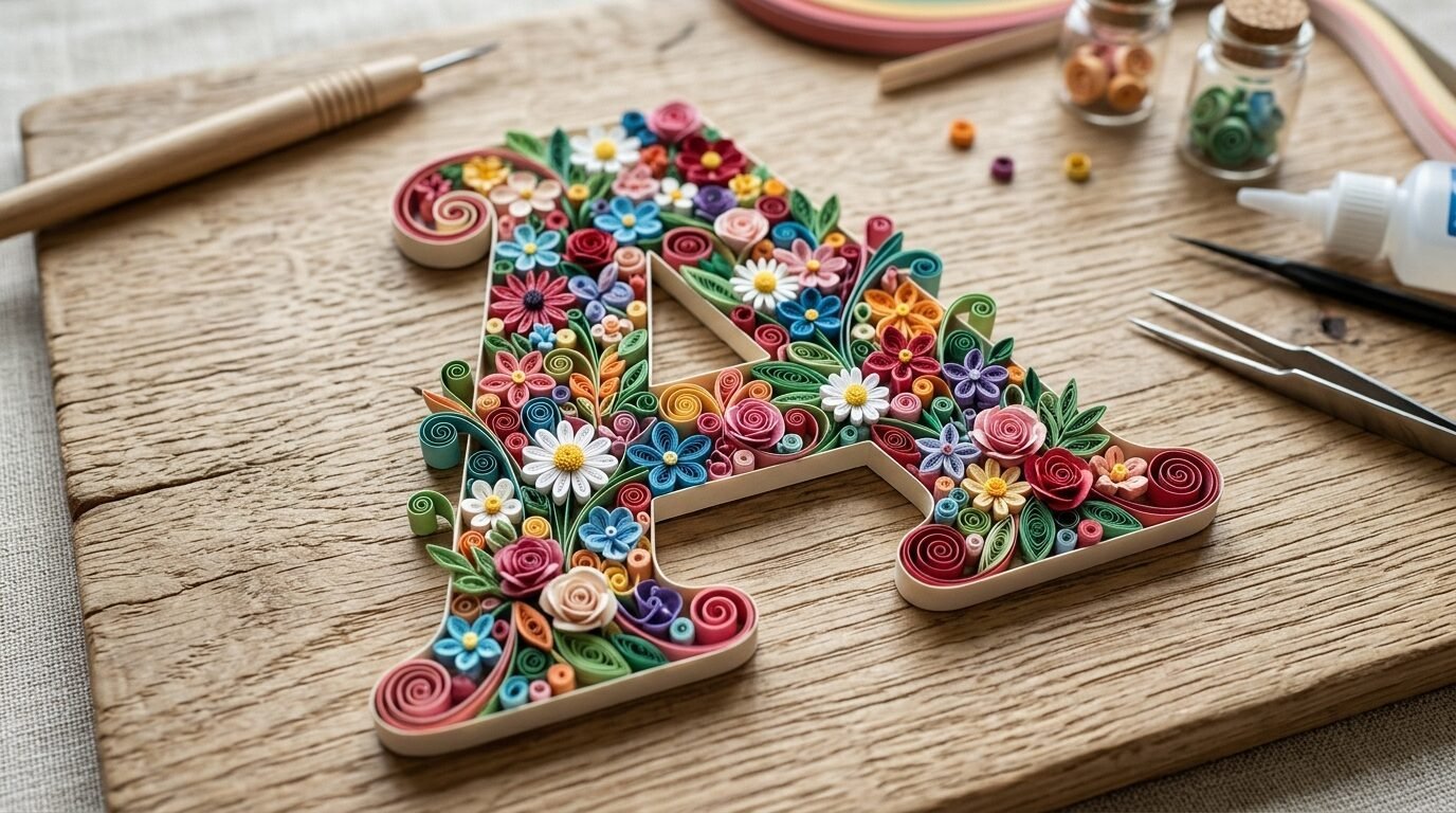 A decorative letter A filled with colorful paper quilled flowers and leaves on a wooden workspace with craft tools.