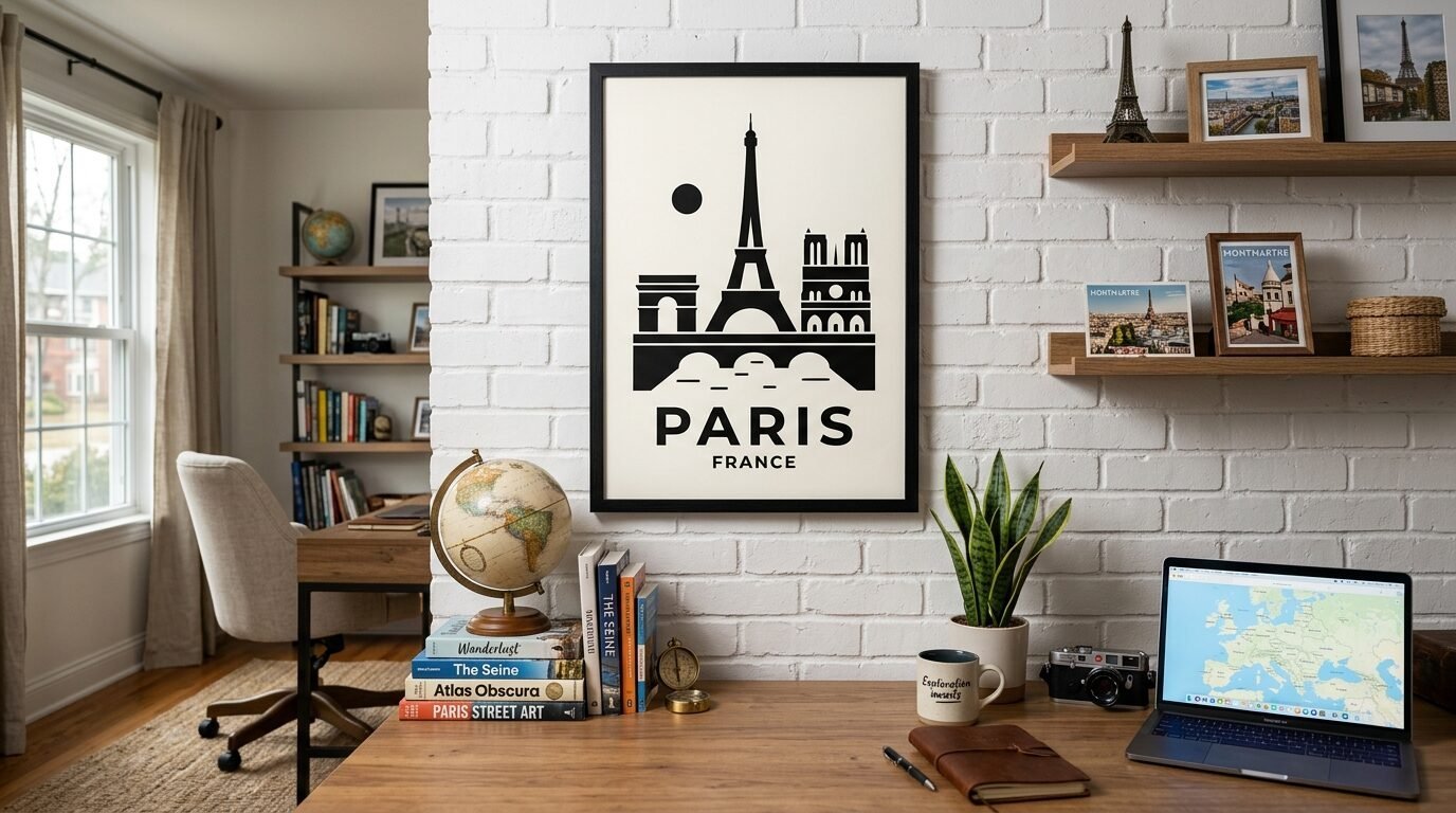 Black and white Paris wall art poster hanging above a desk with a globe and laptop.