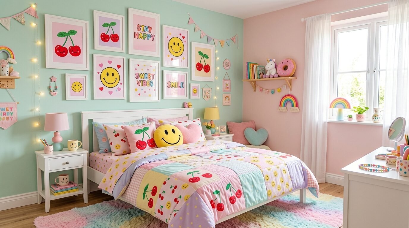 Colorful teen bedroom with a patchwork quilt, gallery wall of art prints, and a rainbow shag rug.