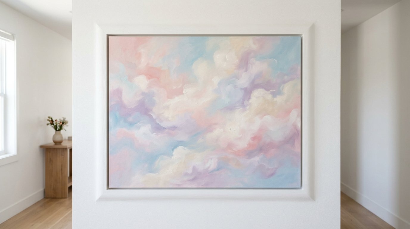 A framed canvas featuring blended soft pink, blue, and violet cloud textures mounted on a white wall.