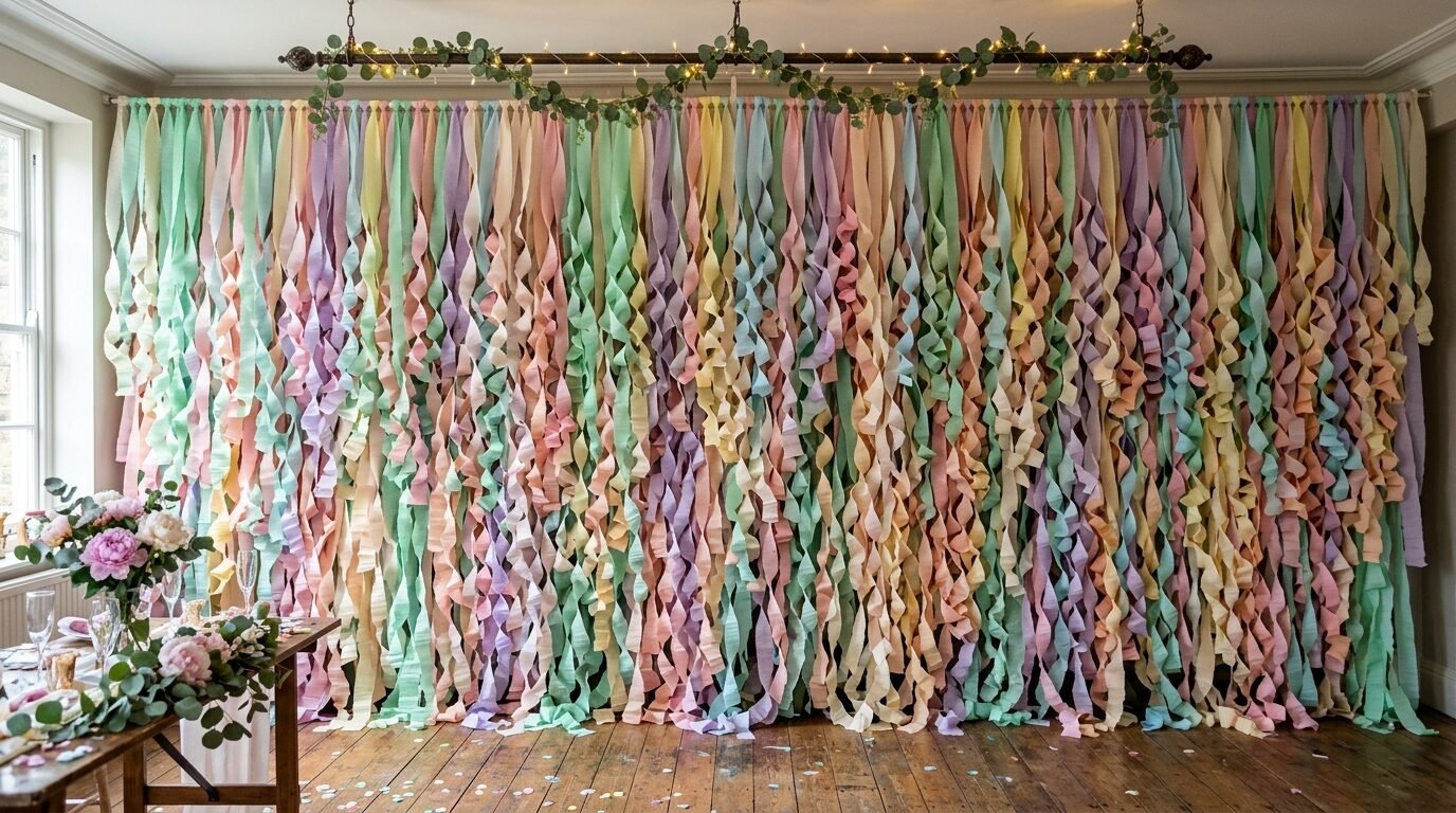 A colorful wall decoration made of hanging ribbons in soft pink, blue, yellow, and green tones.