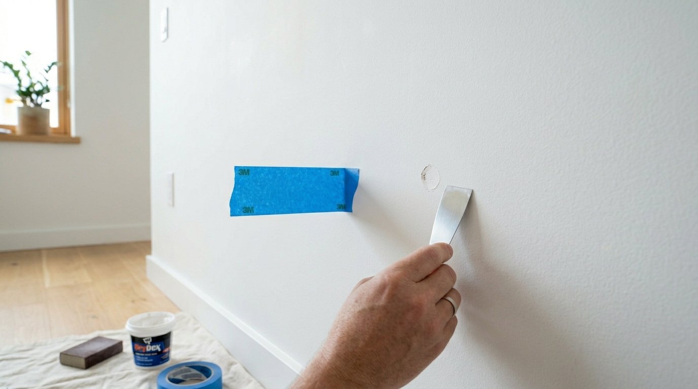 Close up of a hand spreading spackle over a small hole in a white interior wall with blue tape nearby.