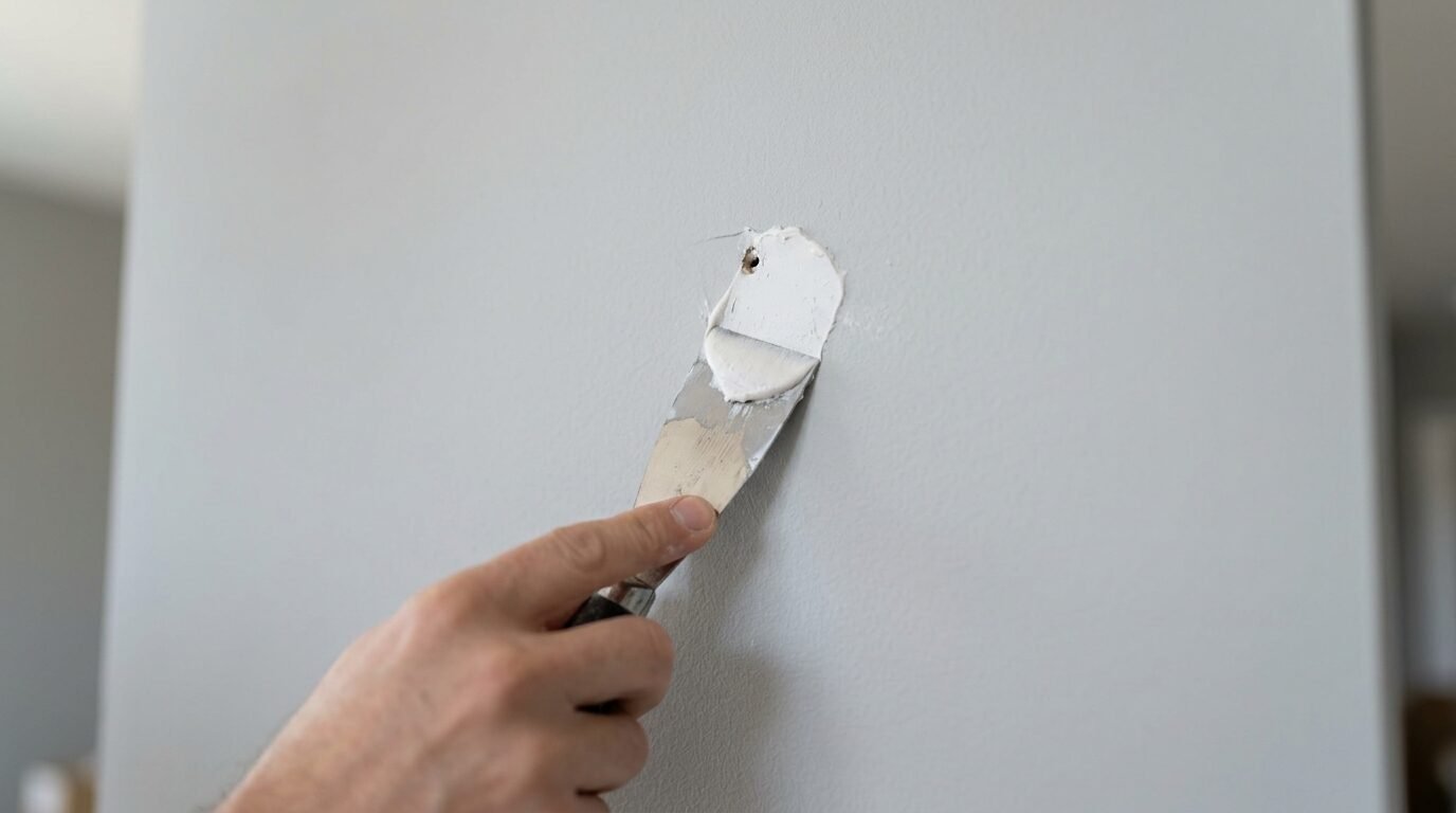 Close up of a hand using a metal putty knife to smooth white joint compound over a hole in a painted wall.