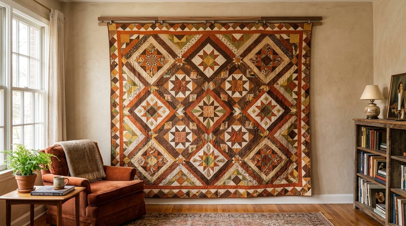 A large geometric star-patterned quilt hanging on a wall above a velvet armchair.