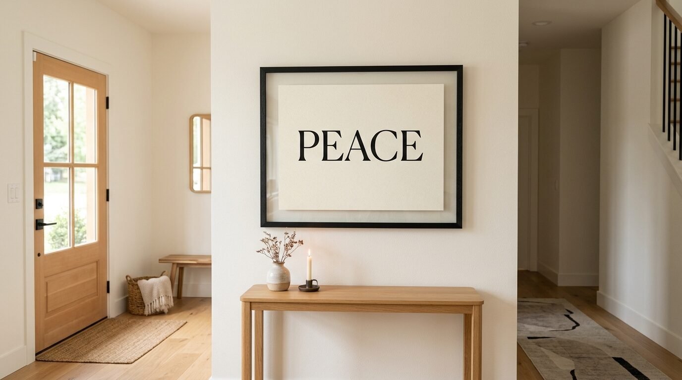 Black framed print displaying the word Peace hung on a white wall above a wooden console table with a lit candle.