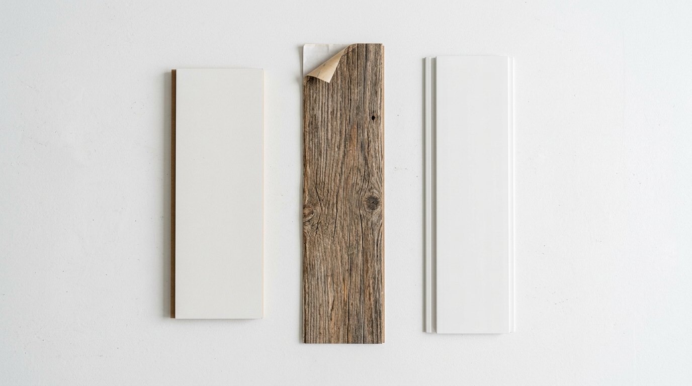 Comparison of two flat white panels and one rustic wood grain plank with an adhesive backing corner peeled back.