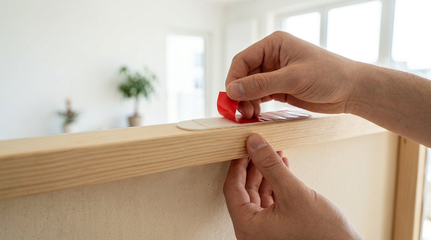 Close-up of hands peeling the red backing off a white adhesive strip mounted on a canvas frame edge.