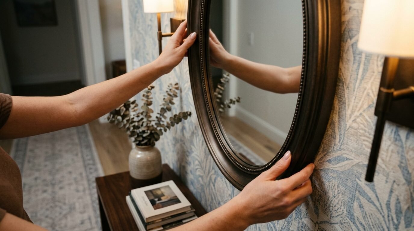 Close up of hands straightening an oval mirror mounted on a blue and white patterned wall.
