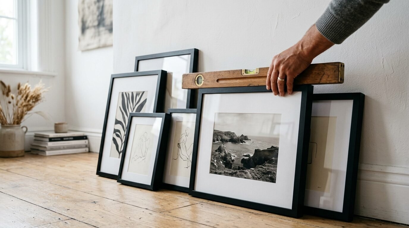 A hand holds a wooden level on top of a framed landscape print on a wooden floor.
