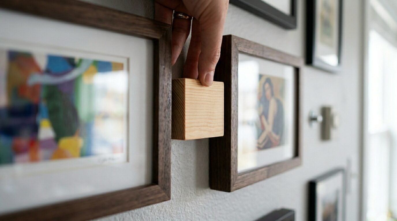 Close up of a hand using a small wooden block to measure the gap between two wall frames.
