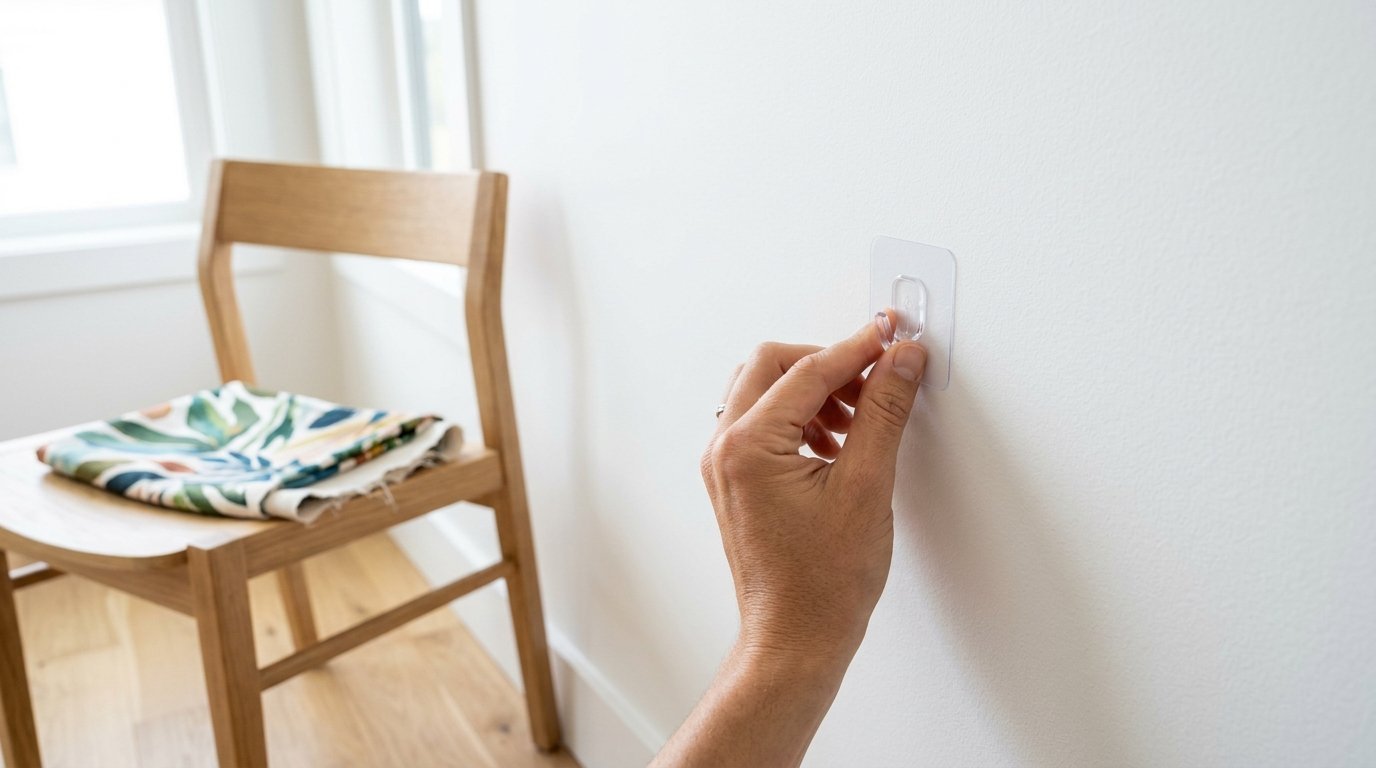 A person attaches a clear plastic adhesive hook to a clean white interior wall.