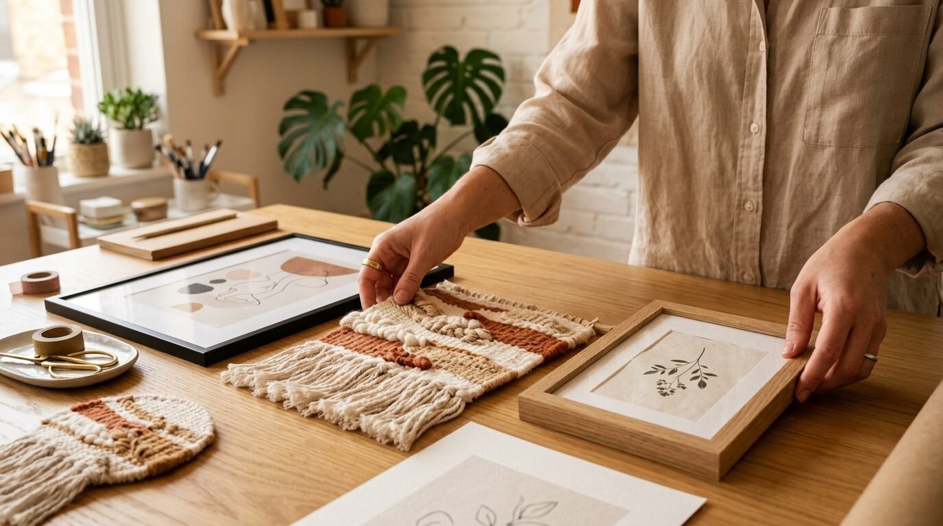 Close up of hands placing a textured fiber art piece on a wooden desk alongside framed line art prints.