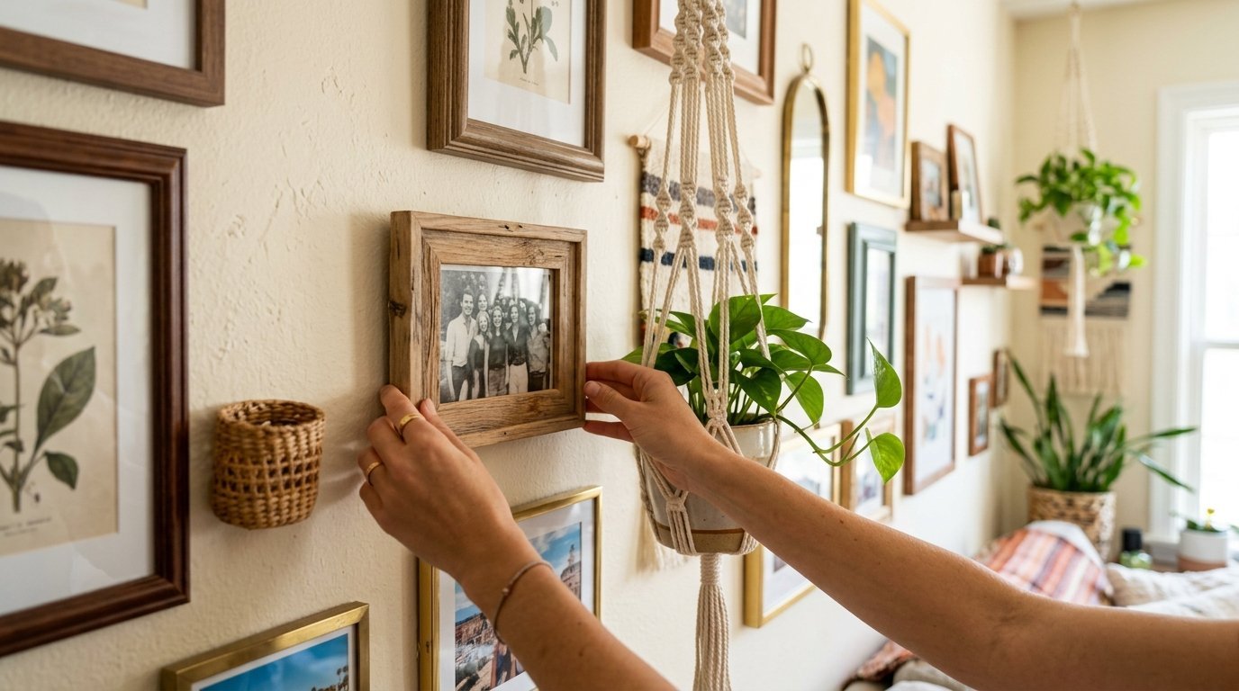 Close up of hands hanging a family photograph on a wall filled with various frames and a macrame plant hanger.
