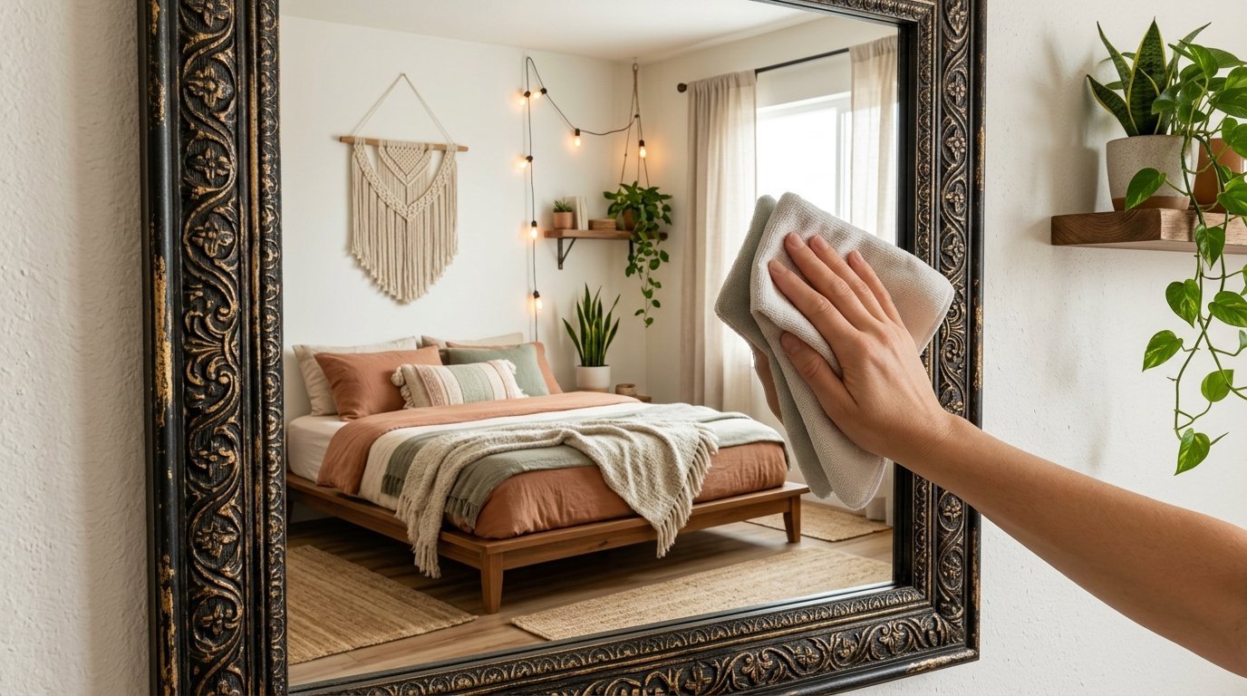 Close-up of a person using a cloth to clean a large vintage-style decorative mirror reflecting a boho-themed bedroom.