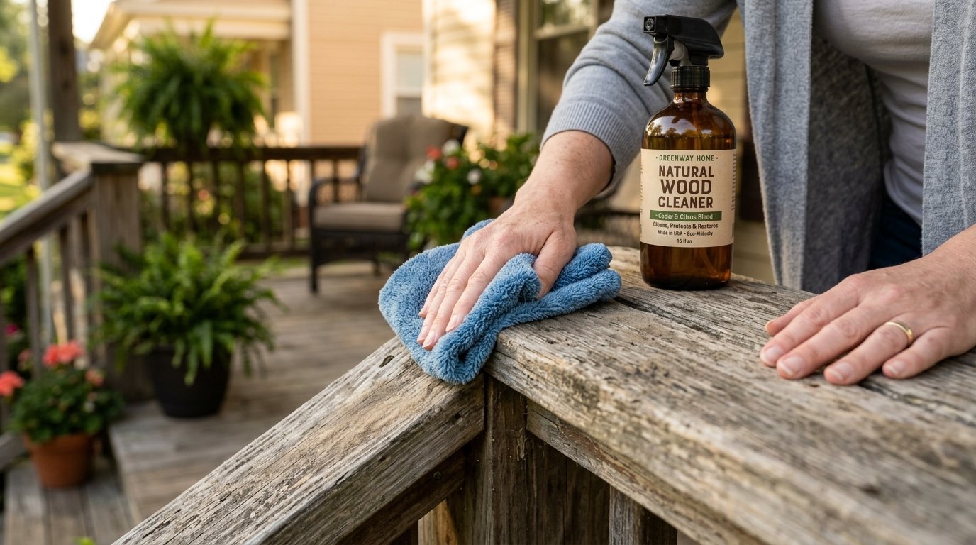 Close-up of a person using a blue cloth and spray bottle to clean a worn outdoor porch banister.