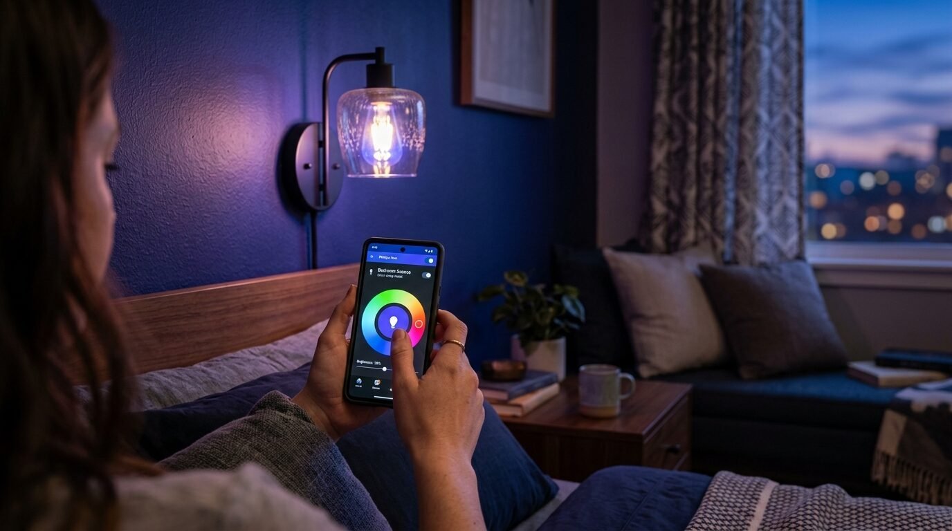 A person lying in bed holding a smartphone to change the color of a wall-mounted light fixture.