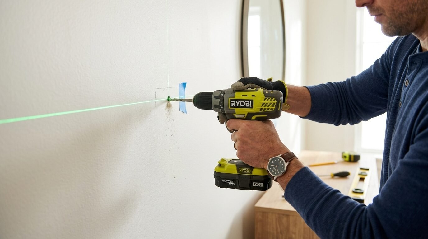 A person using a cordless Ryobi drill to make a hole in a wall aligned with a green laser level line.