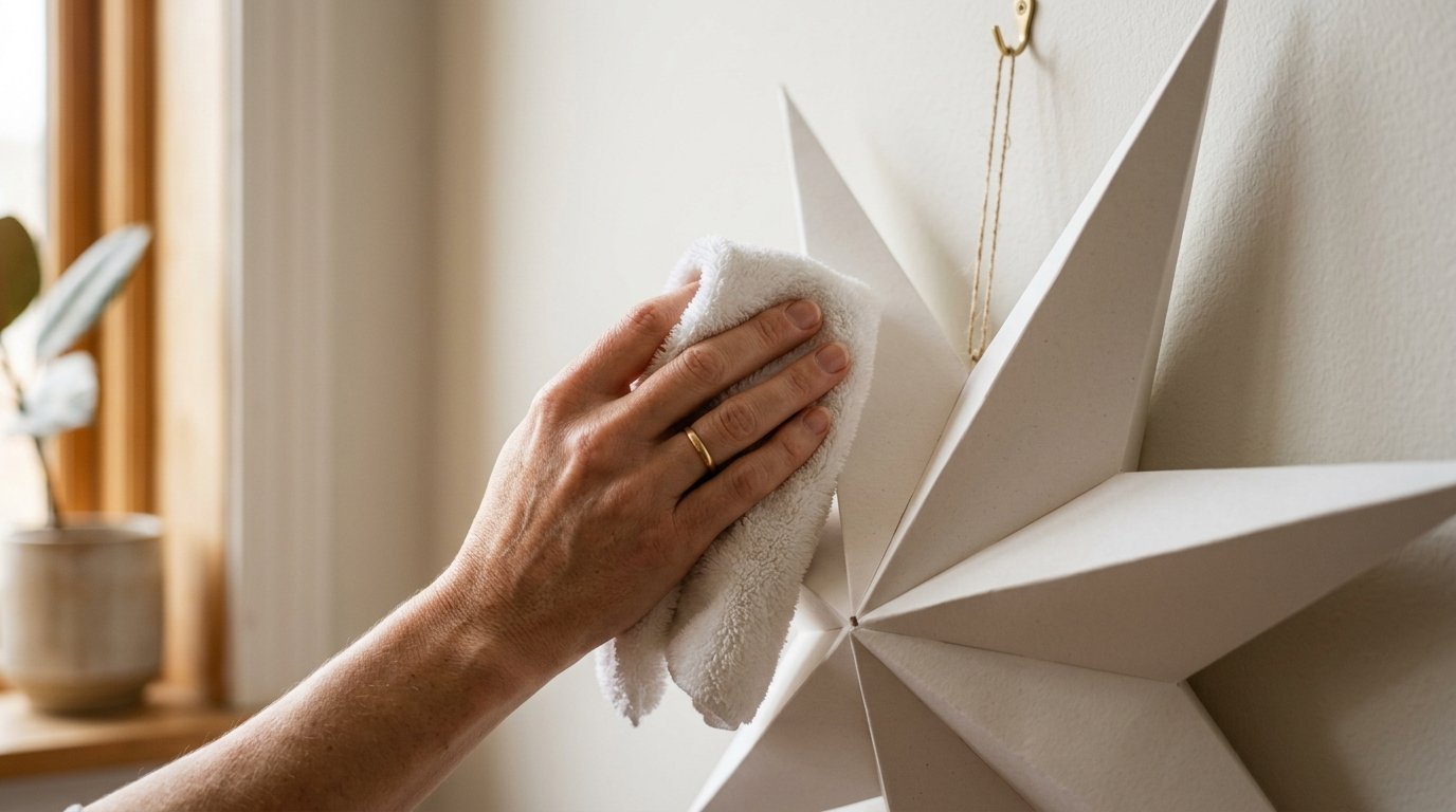 Close-up of a person using a white cloth to clean a geometric paper star hung on a wall.