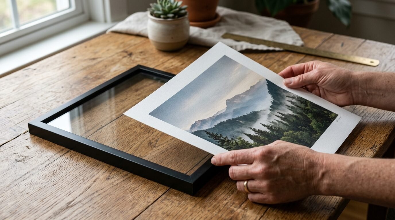 Close-up of hands aligning a landscape photo print over an empty frame on a rustic wooden desk.