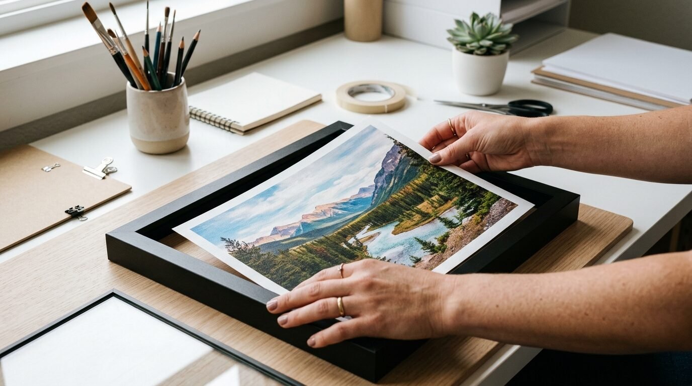 Close-up of hands aligning a landscape print of mountains and a blue river inside a black picture frame.