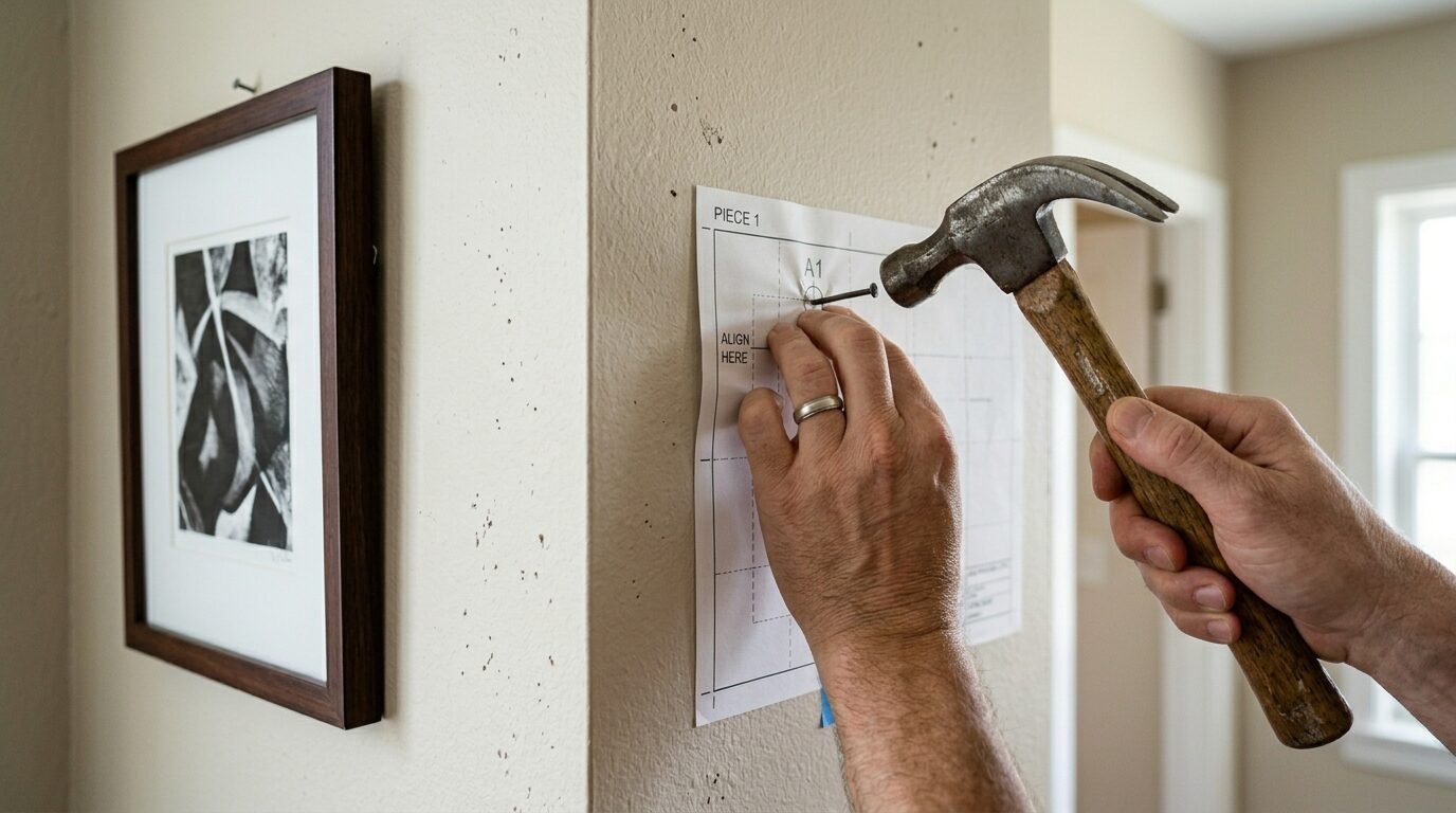 Close up of hands using a hammer to drive a nail through a paper alignment template on a wall.