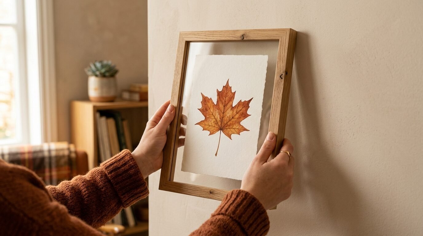 Close-up of hands holding a floating glass frame displaying a single pressed maple leaf against a beige wall.