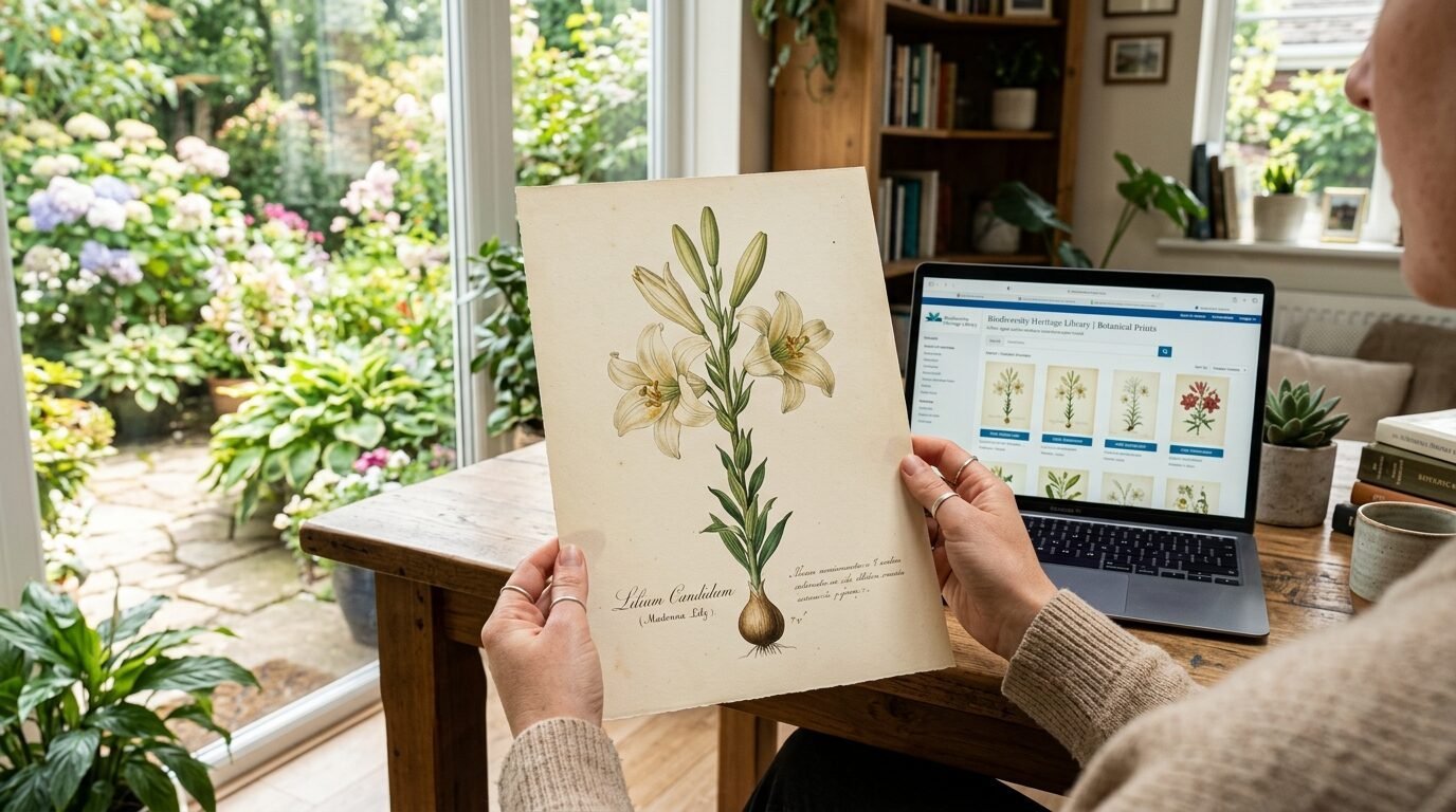 Close-up of hands holding a paper print of a Lilium Candidum flower next to an open laptop.