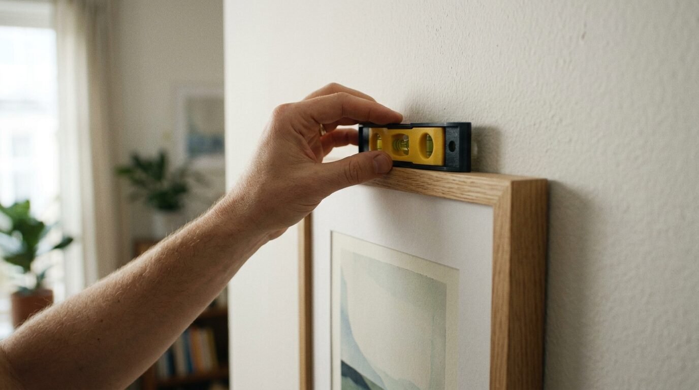 Close-up of a person holding a small yellow level on top of a framed print to ensure it is straight on the wall.