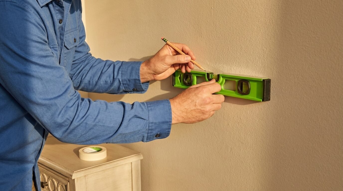 Man in a blue shirt holding a level and pencil against a wall to ensure straight installation.