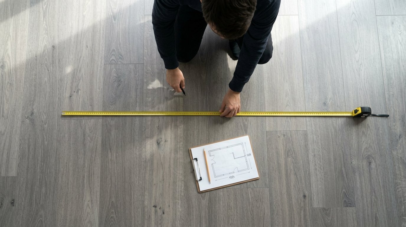 High angle view of a person kneeling on grey flooring with a tape measure and a floor plan sketch on a clipboard.