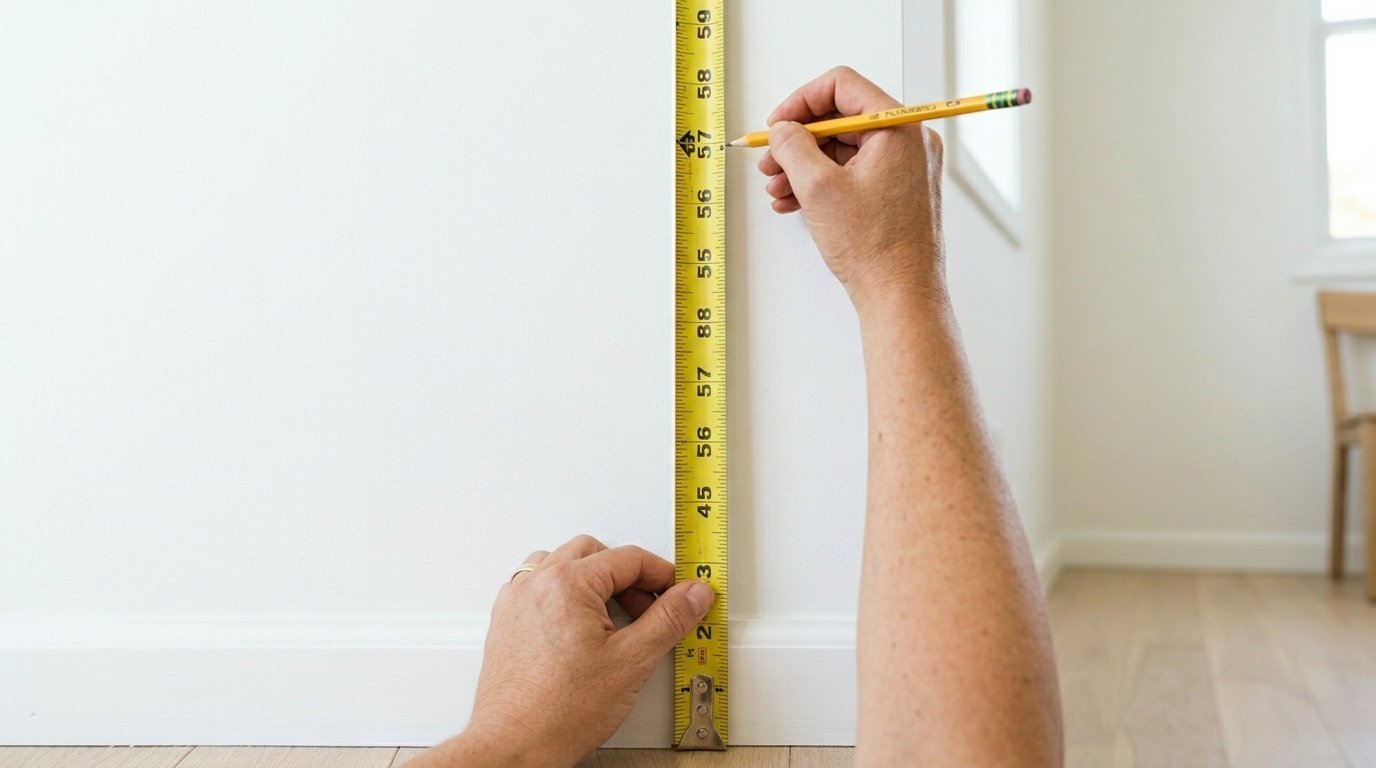 Close-up of hands using a yellow tape measure and pencil to mark a spot on a white interior wall.
