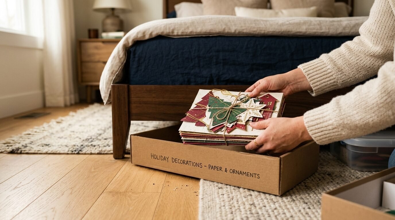 A person in a sweater organizes flat cardboard Christmas trees and star decorations into a labeled storage box.