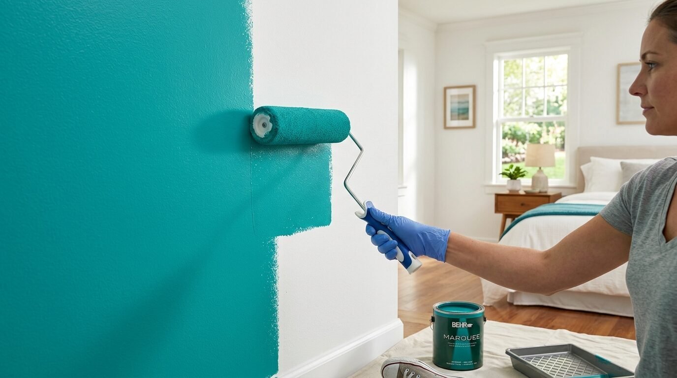 A person wearing blue gloves rolls bright turquoise paint onto a white wall inside a home bedroom.