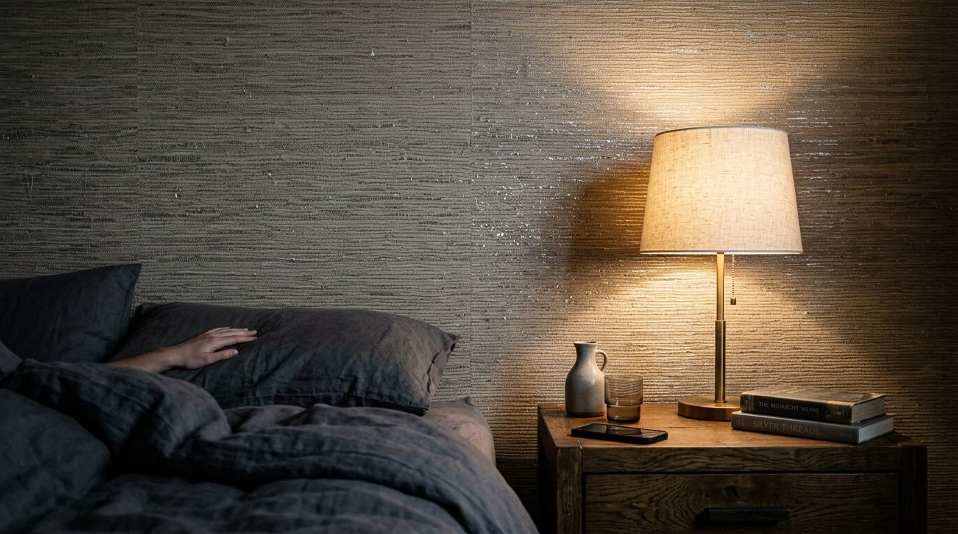A person's hand resting on a charcoal gray pillow next to a lit bedside lamp and stacked books.