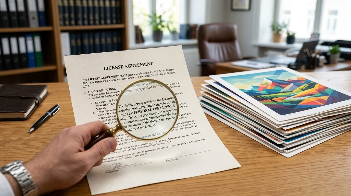 Close-up of a hand holding a magnifying glass over a legal document next to a stack of colorful art prints.