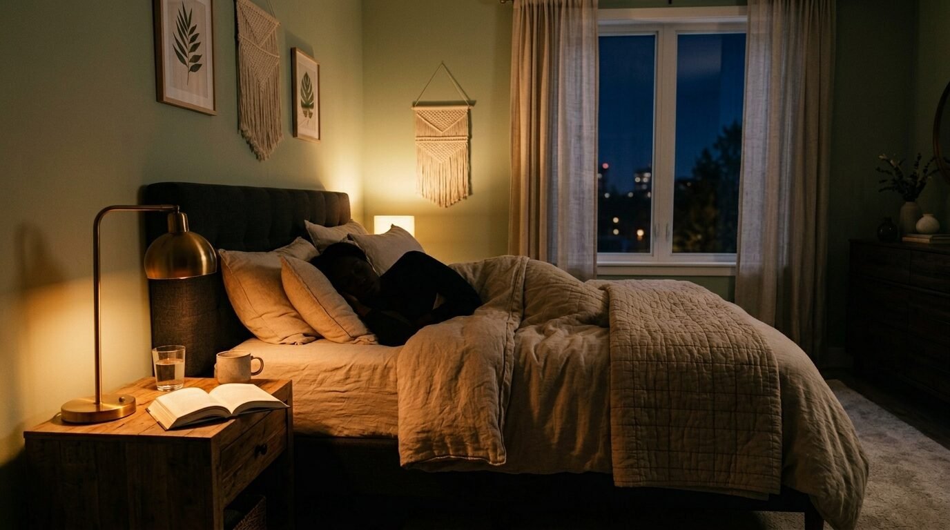 Person sleeping in a bed with neutral linens under a warm bedside lamp with a book on the nightstand.