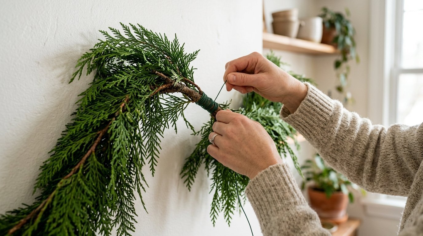Close up of hands in a knit sweater wrapping wire around pine evergreen branches for holiday decoration.