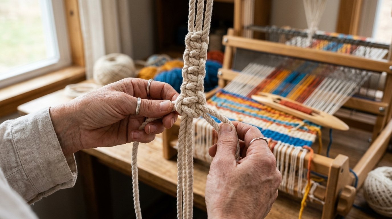 Close-up of hands tying a decorative knot in thick cotton cord with a weaving loom in the background.