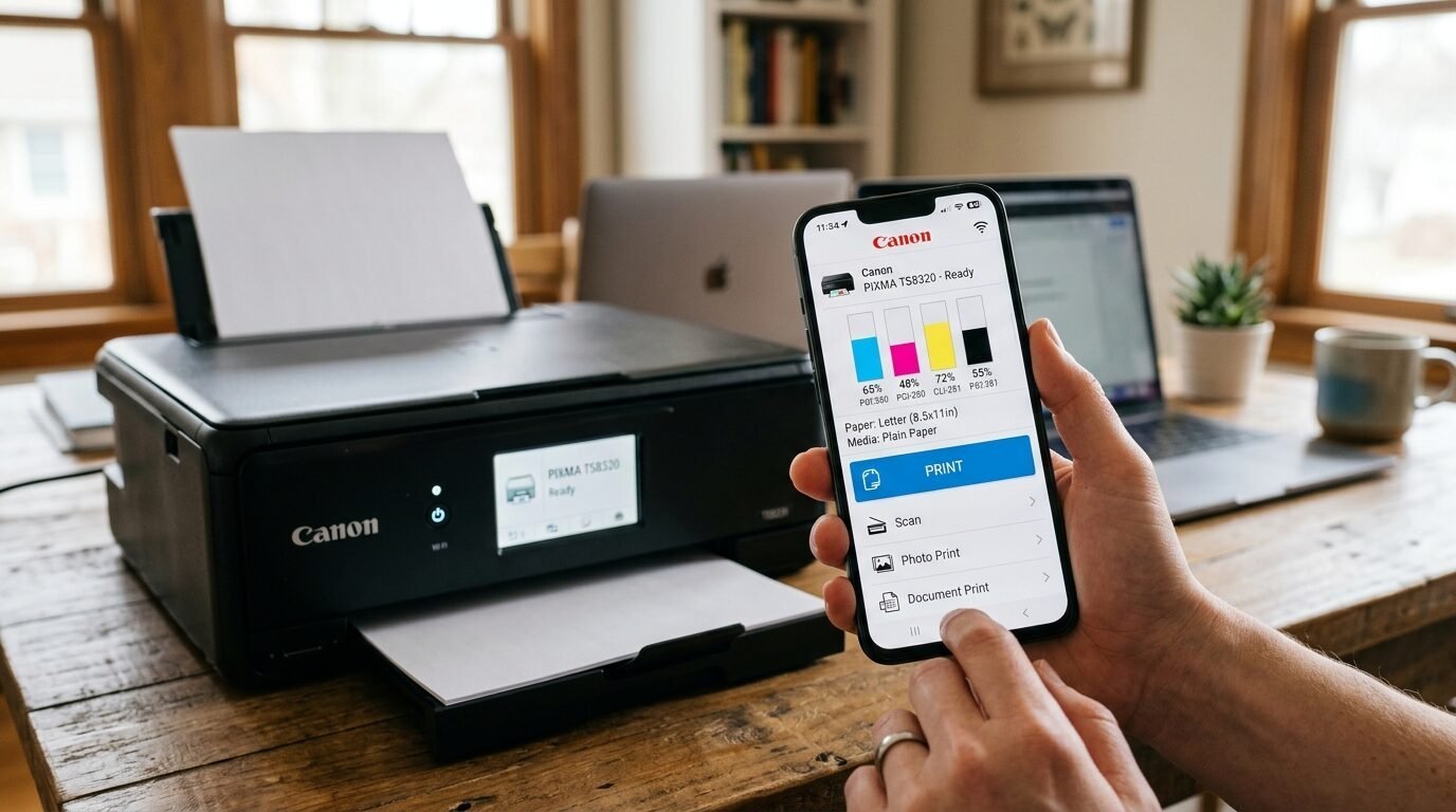 Hand holding a smartphone showing ink levels and print options for a connected black Canon Pixma inkjet printer.