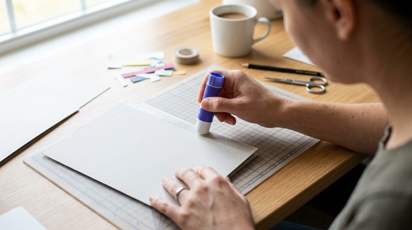 Close up view of a person using a purple glue stick to adhere paper on a transparent cutting mat.