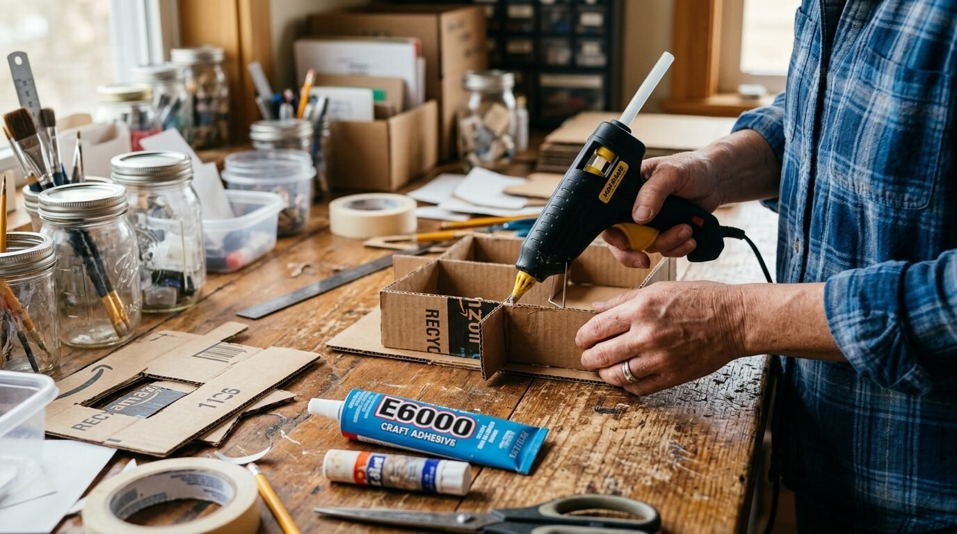 Close up of hands using a glue gun to assemble cardboard pieces on a cluttered wooden workbench.