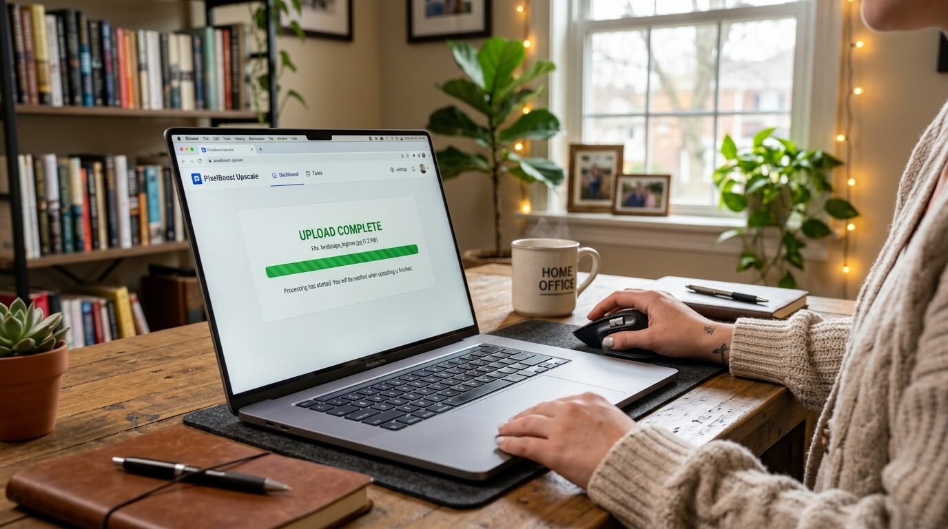 Close up of a woman's hands using a laptop showing an upload complete screen in a cozy home office setting.